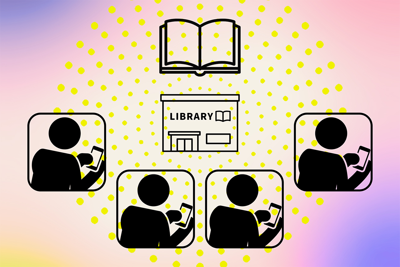 Clip art of book, library, and people on phone