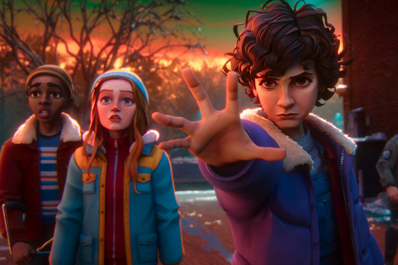 Elisha “EJ” Williams as Lucas, Jolie Hoang-Rappaport as Max, Brooklyn Davey Norstedt as Eleven, and Odessa A’zion as Nikki in Stranger Things: Tales From '85: