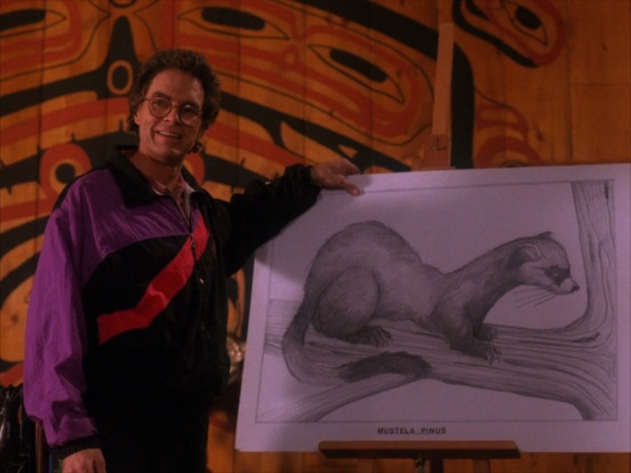 Man with illustration of pine weasel