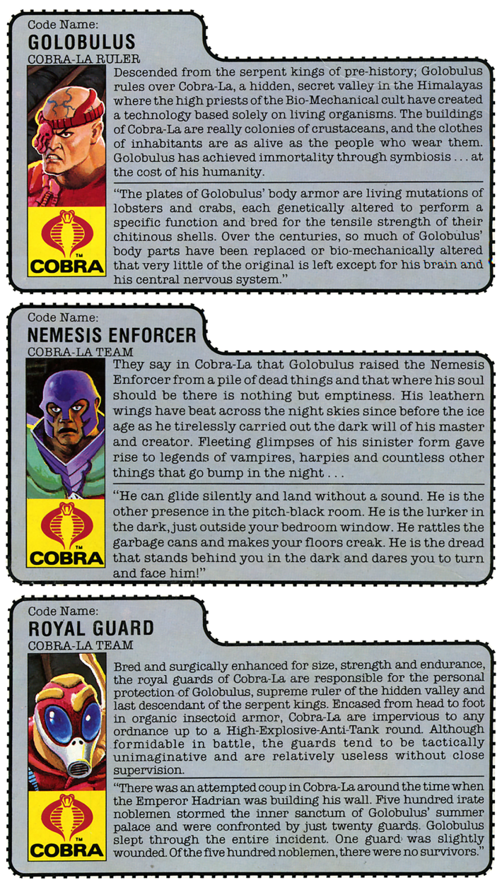 File cards for Golobulus, Nemesis Enforcer, Royal Guard
