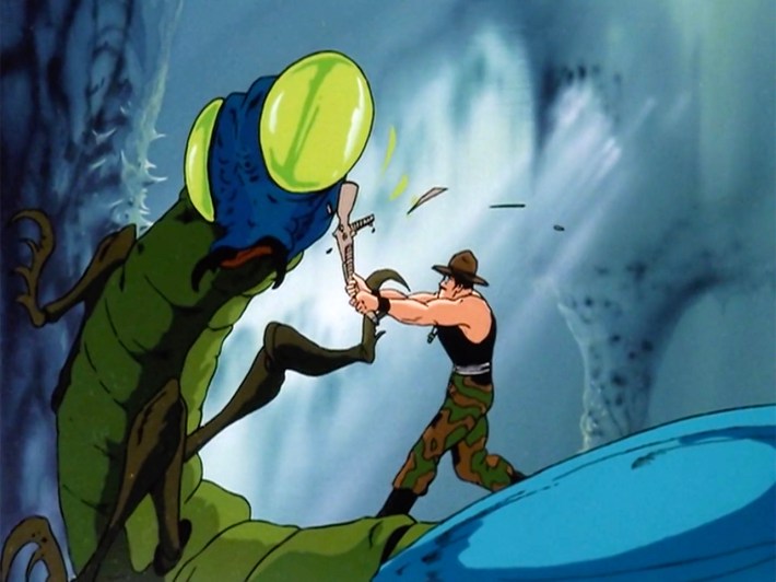 Sgt. Slaughter hitting bug with rifle