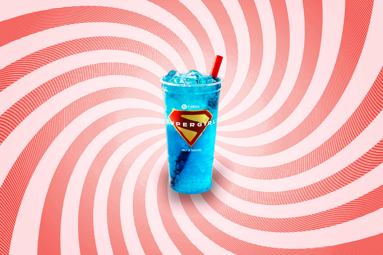 Supergirl Krypto Kooler in front of swirl