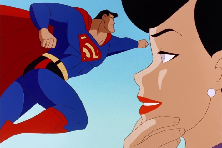 Lois looking at Superman flying away