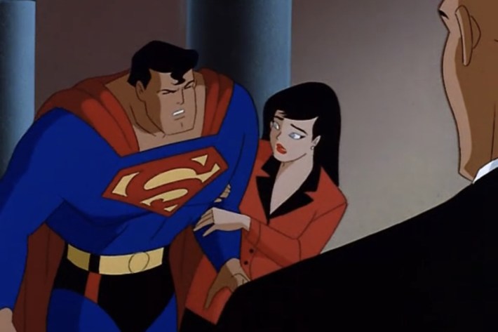 Superman leaning on Lois