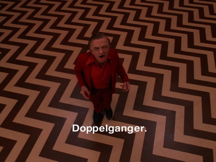 Man from Another Place on zigzag floor saying "doppelganger"