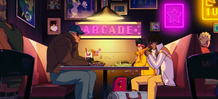 Jubilee, Sunspot, and Cable sit at a table in an arcade eating burgers and fries