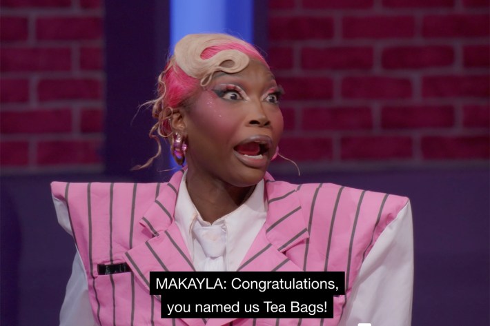 Makayla saying "Congratulations, you named us Tea Bags!"
