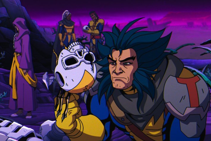 Wolverine holding up terminator sentinel skull