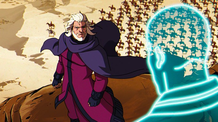 Magneto and astral Xavier on cliff overlooking army in Ancient Egypt
