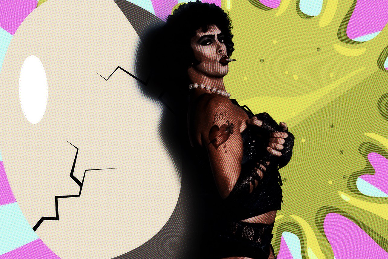 Tim Curry as Frank-N-Furter with egg shell and yolk