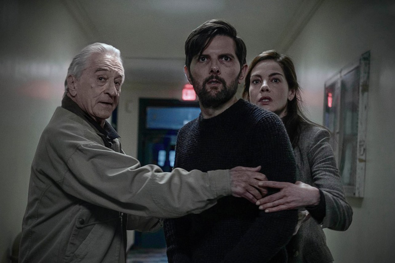 THE WHISPER MAN, US poster, from left: Robert De Niro, Adam Scott, Michelle Monaghan, 2026.